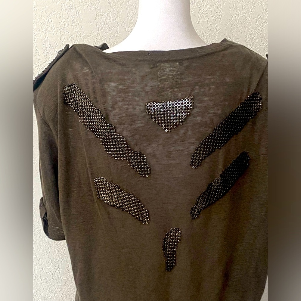 Military Pierre Balmain Olive green T-shirt w/ Chain mail & Shoulder pads - Picture 3 of 5